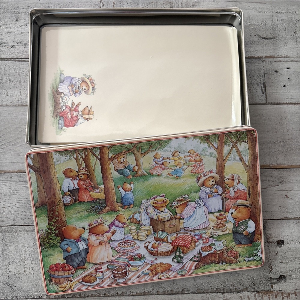 Vintage New Collectible Teddy Bears Picnic Stationery Tin Box Set Hallmark Paper